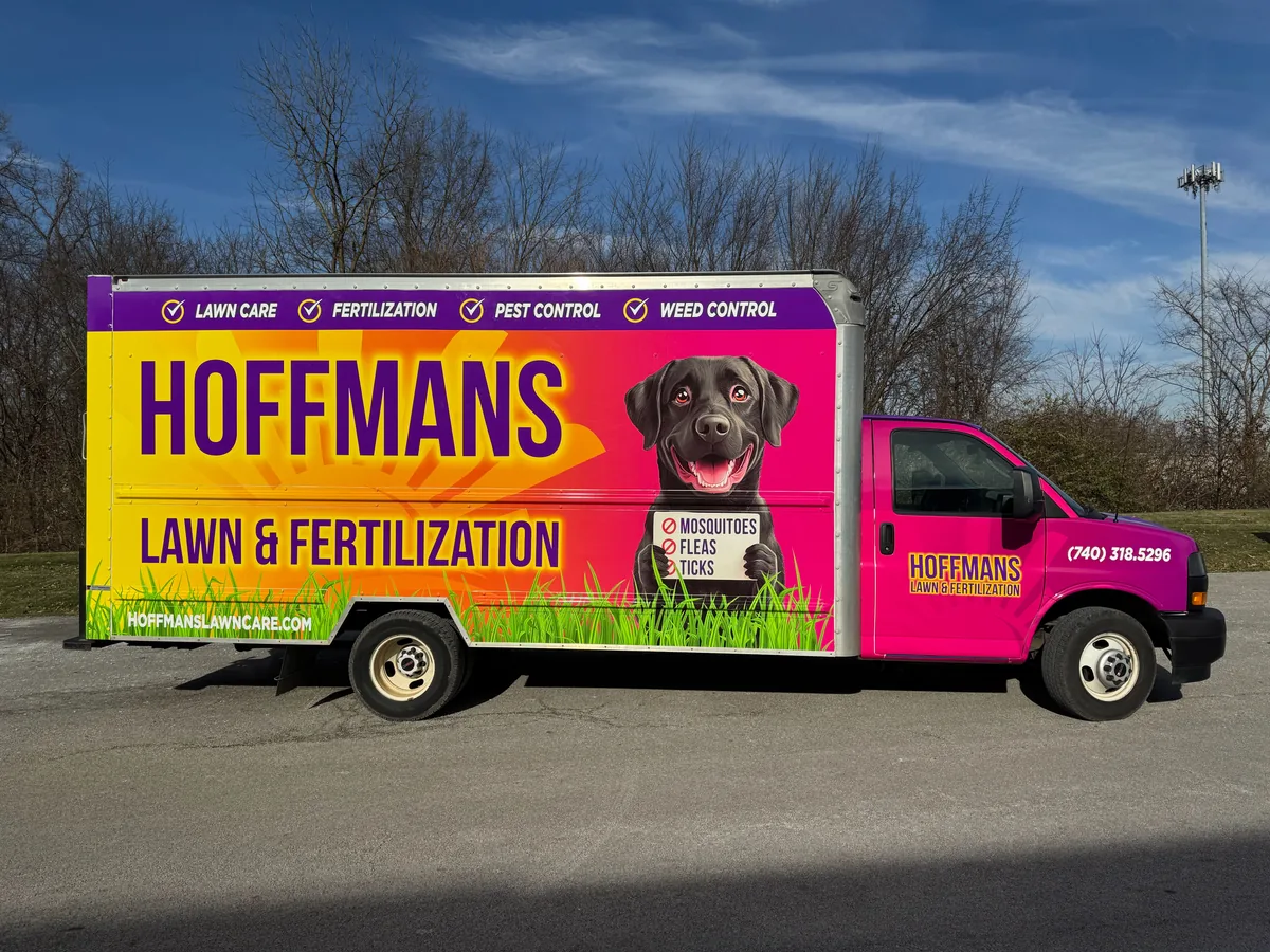 Lawn care box truck with a full printed fleet wrap
