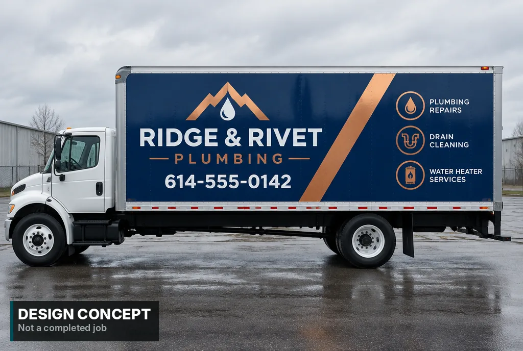 Design concept, AI-generated: Box truck with a navy and copper plumbing company wrap on the box