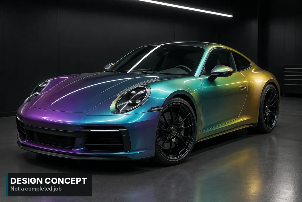 Design concept, AI-generated: Sports coupe in color shift film moving from purple to teal to gold