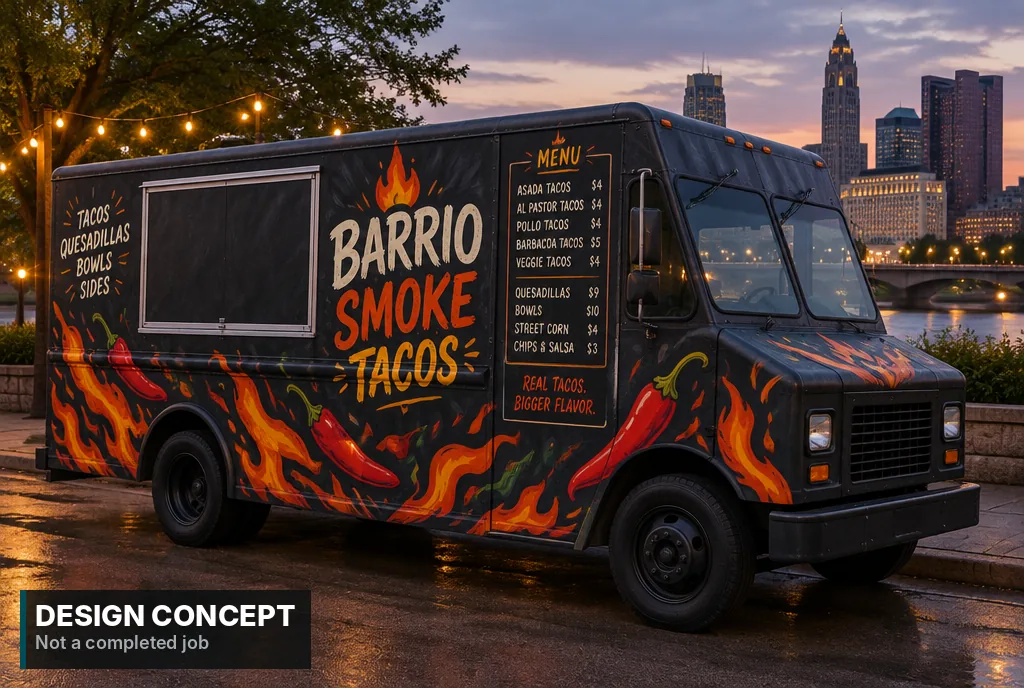 Design concept, AI-generated: Black step van food truck wrapped with flames, chili peppers, a taco logo, and a printed menu, parked at dusk near a city skyline