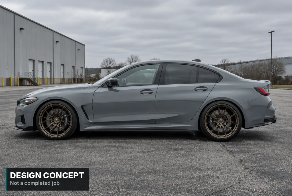 Design concept, AI-generated: Sport sedan in solid flat gray parked by a warehouse