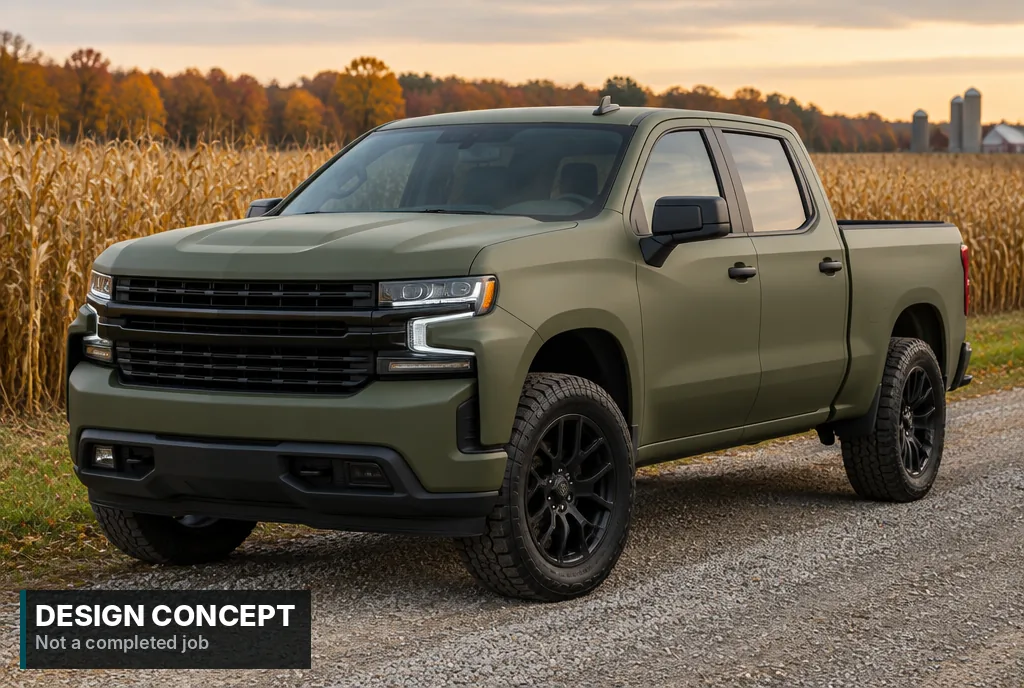 Design concept, AI-generated: Full-size pickup in matte olive green next to a cornfield