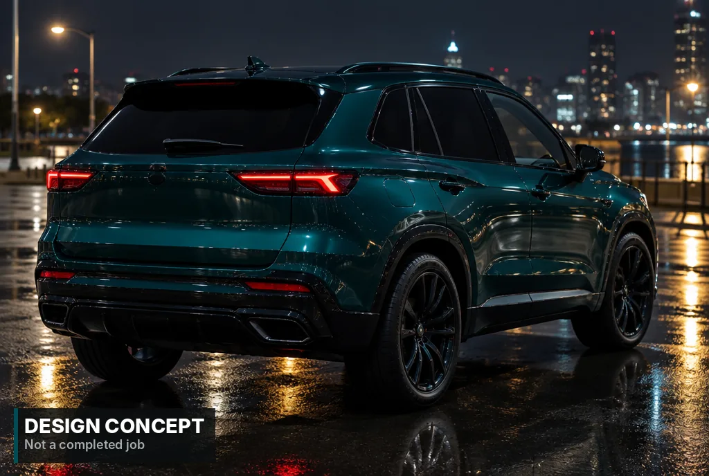 Design concept, AI-generated: SUV in deep gloss midnight green at night with a city skyline behind it