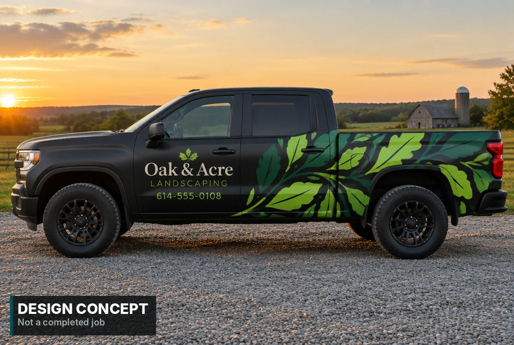 Design concept, AI-generated: Black crew cab pickup with printed green leaves along the side and a landscaping logo on the door