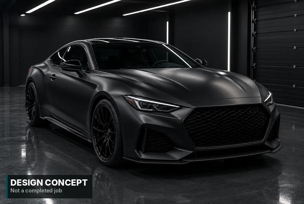 Design concept, AI-generated: Sport coupe in satin black in a dark studio