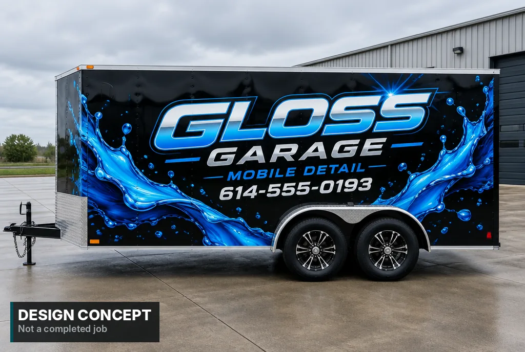 Design concept, AI-generated: Black enclosed cargo trailer wrapped with a blue water splash and a mobile detailing logo