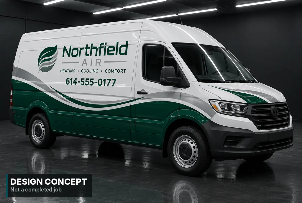 Design concept, AI-generated: White high-roof cargo van with a green and gray heating and cooling company wrap