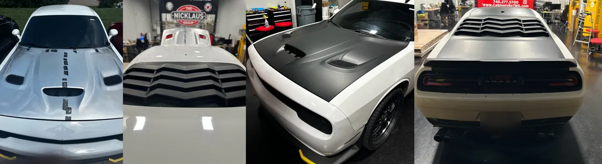 Four steps of a Dodge Challenger hood and stripe install