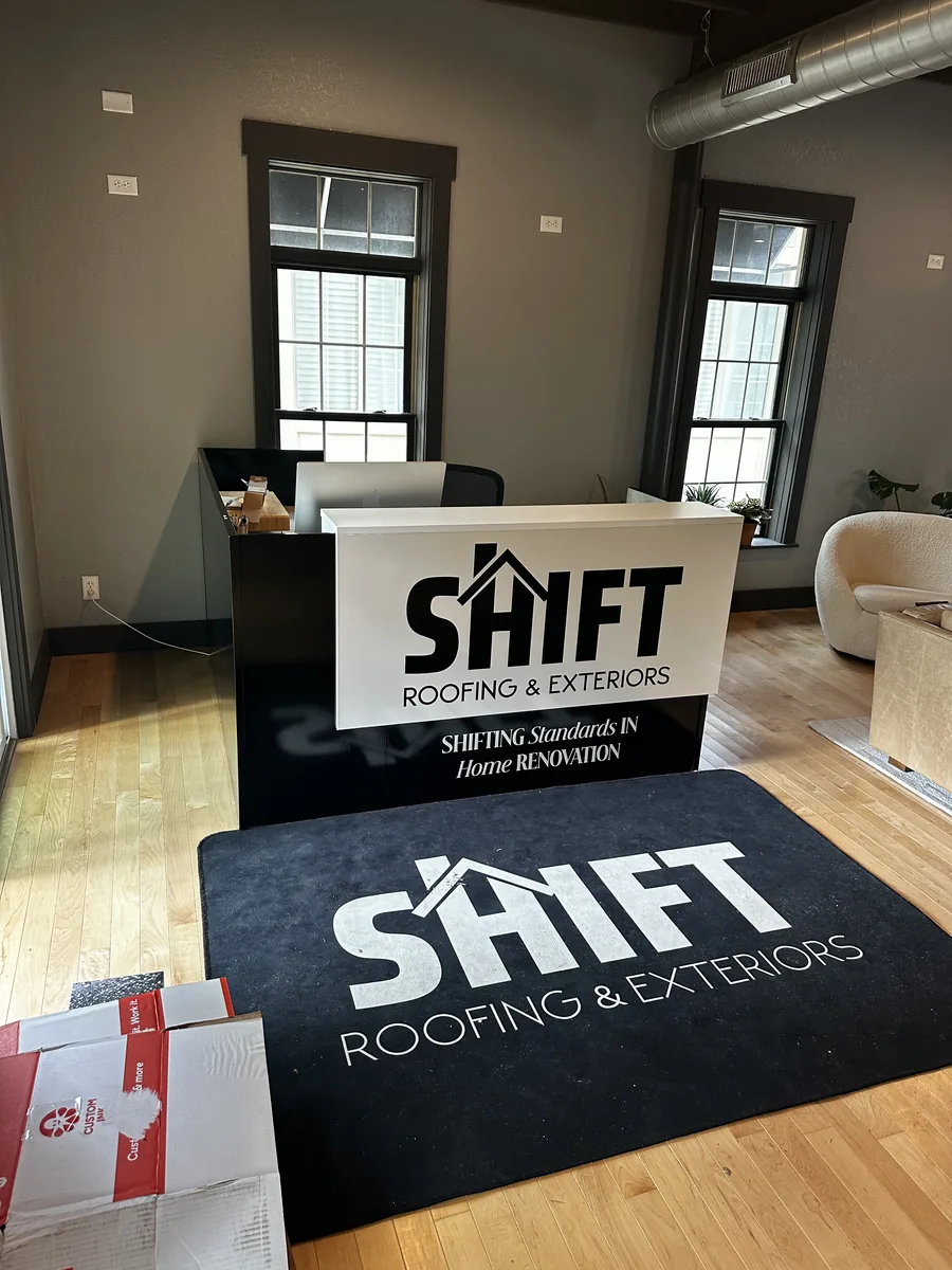 Reception desk sign and logo floor mat